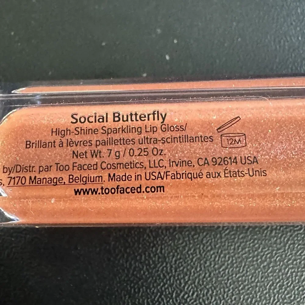 Too Faced Rich & Dazzling High-Shine Sparkling Lip Gloss - Social Butterfly -NIB